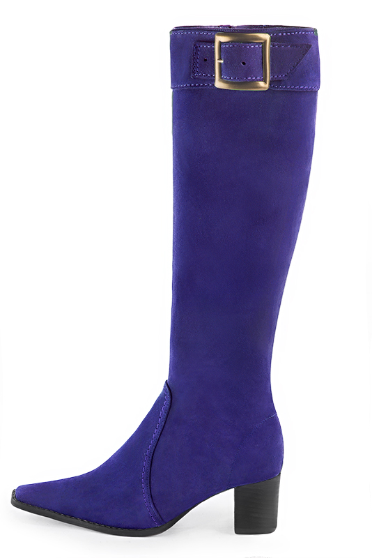 Violet purple women's feminine knee-high boots. Tapered toe. Medium block heels. Made to measure. Profile view - Florence KOOIJMAN